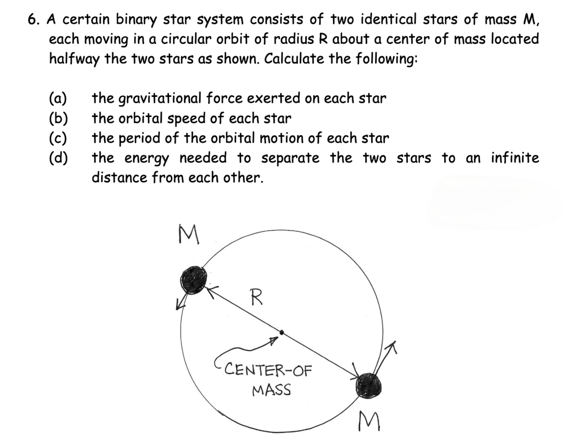 6. A certain binary star system consists of two identical stars of mass M,
each moving in a circular orbit of radius R about a center of mass located
halfway the two stars as shown. Calculate the following:
(a) the gravitational force exerted on each star
(b)
the orbital speed of each star
(c)
the period of the orbital motion of each star
(d)
the energy needed to separate the two stars to an infinite
distance from each other.
M
R
CENTER-OF
MASS
M