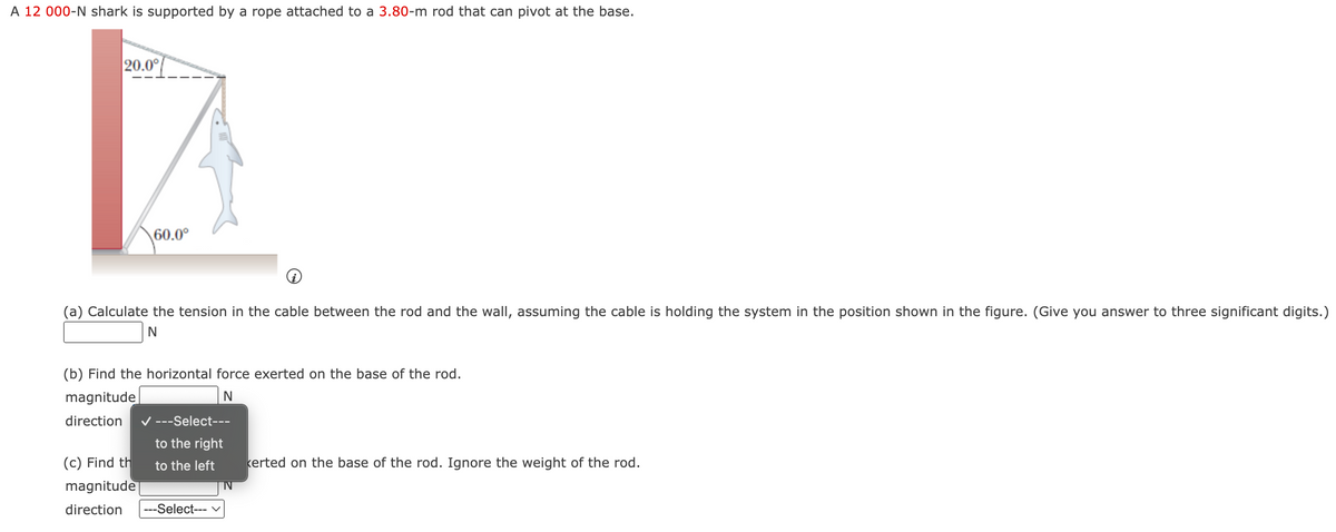 A 12 000-N shark is supported by a rope attached to a 3.80-m rod that can pivot at the base.
20.0°
60.0°
(a) Calculate the tension in the cable between the rod and the wall, assuming the cable is holding the system in the position shown in the figure. (Give you answer to three significant digits.)
N
(b) Find the horizontal force exerted on the base of the rod.
magnitude
N
direction ✓ ---Select---
to the right
(c) Find th
to the left
kerted on the base of the rod. Ignore the weight of the rod.
magnitude
direction
---Select--- ✓