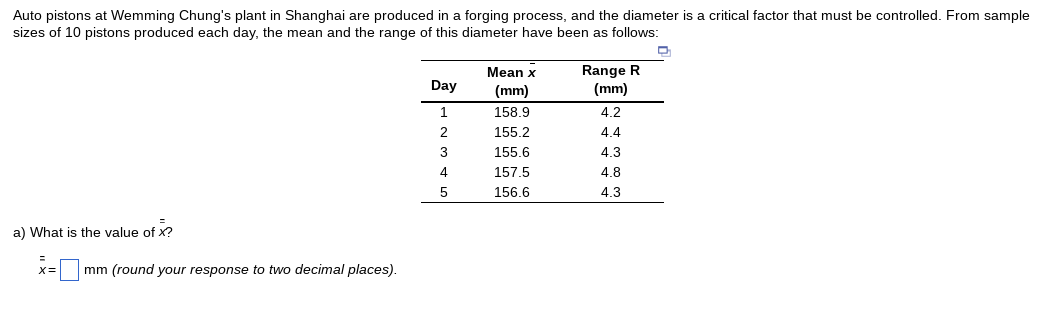 Auto pistons at Wemming Chung's plant in Shanghai are produced in a forging process, and the diameter is a critical factor that must be controlled. From sample
sizes of 10 pistons produced each day, the mean and the range of this diameter have been as follows:
a) What is the value of X?
x= mm (round your response to two decimal places).
Day
1
2
3
4
5
Mean x
(mm)
158.9
155.2
155.6
157.5
156.6
Range R
(mm)
4.2
4.4
4.3
4.8
4.3