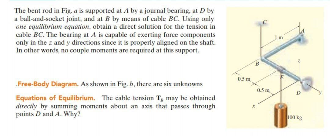 The bent rod in Fig. a is supported at A by a journal bearing, at D by
a ball-and-socket joint, and at B by means of cable BC. Using only
one equilibrium equation, obtain a direct solution for the tension in
cable BC. The bearing at A is capable of exerting force components
only in the z and y directions since it is properly aligned on the shaft.
In other words, no couple moments are required at this support.
1 m
B
0.5 m
.Free-Body Diagram. As shown in Fig. b, there are six unknowns
0.5 m
Equations of Equilibrium. The cable tension T, may be obtained
directly by summing moments about an axis that passes through
points D and A. Why?
100 kg
