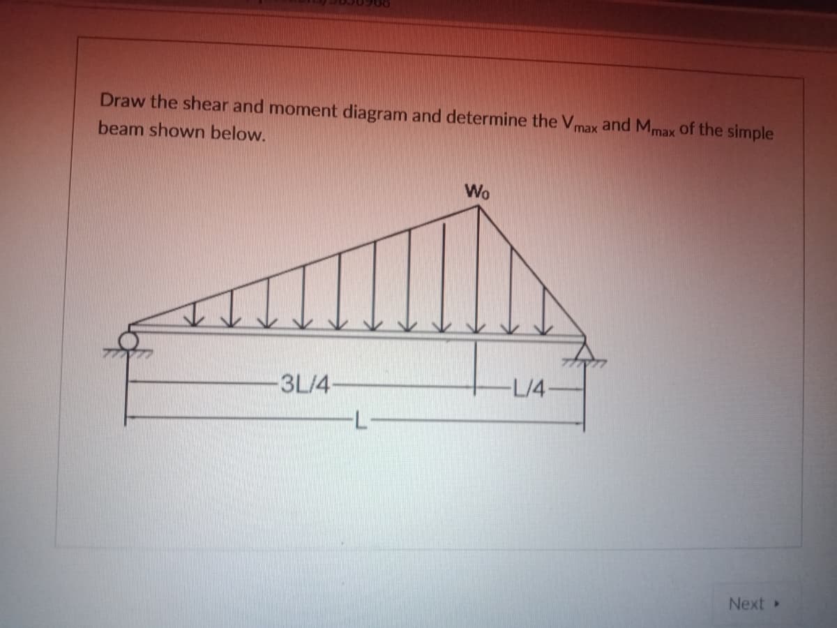Draw the shear and moment diagram and determine the V
max and Mmax of the simple
beam shown below.
Wo
3L/4-
-L/4
Next »
