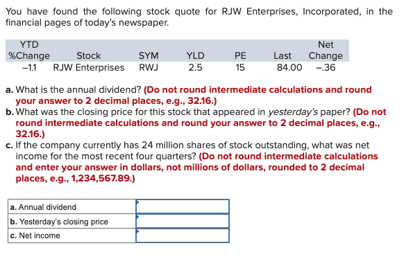 You have found the following stock quote for RJW Enterprises, Incorporated, in the
financial pages of today's newspaper.
YTD
Net
%Change
Stock
-1.1 RJW Enterprises
SYM
RWJ
YLD
PE
Last Change
2.5
15
84.00 -.36
a. What is the annual dividend? (Do not round intermediate calculations and round
your answer to 2 decimal places, e.g., 32.16.)
b. What was the closing price for this stock that appeared in yesterday's paper? (Do not
round intermediate calculations and round your answer to 2 decimal places, e.g.,
32.16.)
c. If the company currently has 24 million shares of stock outstanding, what was net
income for the most recent four quarters? (Do not round intermediate calculations
and enter your answer in dollars, not millions of dollars, rounded to 2 decimal
places, e.g., 1,234,567.89.)
a. Annual dividend
b. Yesterday's closing price
c. Net income