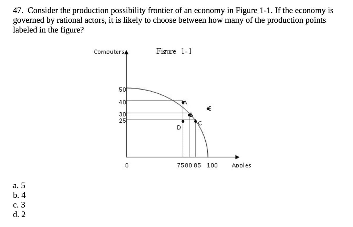 47. Consider the production possibility frontier of an economy in Figure 1-1. If the economy is
governed by rational actors, it is likely to choose between how many of the production points
labeled in the figure?
a. 5
b. 4
24234L
c. 3
d. 2
Computers
50
40
ON
30
OS
25
0
Figure 1-1
€
7580 85 100
Adoles