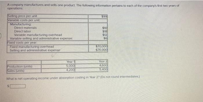 A company manufactures and sells one product. The following information pertains to each of the company's first two years of
operations:
Selling price per unit
Variable costs per unit
Manufacturing
Direct materials
Direct labor
Variable manufacturing overhead
Variable selling and administrative expense
Fixed costs per year
Fixed manufacturing overhead
Selling and administrative expense
Production (units)
Sales (units)
Year
5.000
4,200
$99
$10
$18
$12
$6
$70,000
$76,000
Year 2
4,600
5.400
What is net operating income under absorption costing in Year 2? (Do not round intermediates.)
$