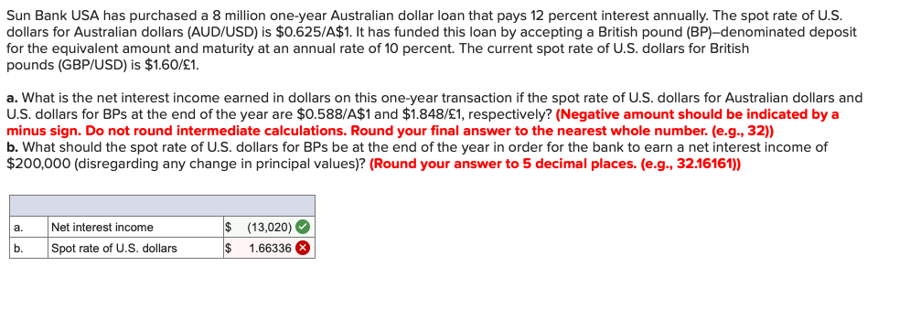 Sun Bank USA has purchased a 8 million one-year Australian dollar loan that pays 12 percent interest annually. The spot rate of U.S.
dollars for Australian dollars (AUD/USD) is $0.625/A$1. It has funded this loan by accepting a British pound (BP)-denominated deposit
for the equivalent amount and maturity at an annual rate of 10 percent. The current spot rate of U.S. dollars for British
pounds (GBP/USD) is $1.60/£1.
a. What is the net interest income earned in dollars on this one-year transaction if the spot rate of U.S. dollars for Australian dollars and
U.S. dollars for BPs at the end of the year are $0.588/A$1 and $1.848/£1, respectively? (Negative amount should be indicated by a
minus sign. Do not round intermediate calculations. Round your final answer to the nearest whole number. (e.g., 32))
b. What should the spot rate of U.S. dollars for BPs be at the end of the year in order for the bank to earn a net interest income of
$200,000 (disregarding any change in principal values)? (Round your answer to 5 decimal places. (e.g., 32.16161))
a.
b.
Net interest income
Spot rate of U.S. dollars
$
(13,020)✓
$ 1.66336 x