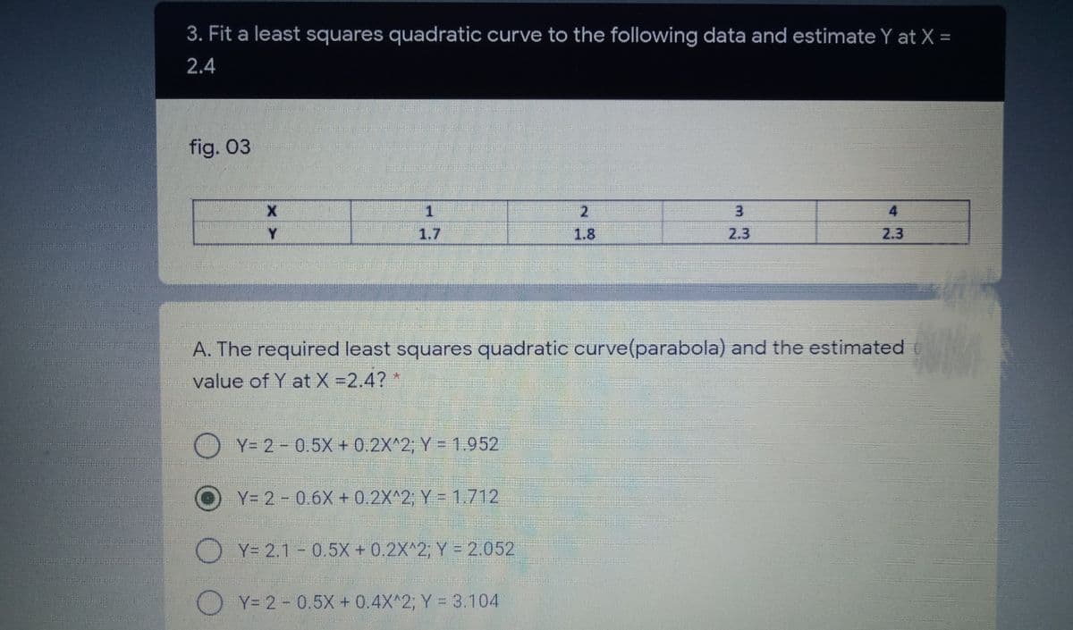 3. Fit a least squares quadratic curve to the following data and estimate Y at X =
2.4
fig. 03
2
3.
4.
గోలిగౌజి రర్
Y
1.7
1.8
2.3
2.3
A. The required least squares quadratic curve(parabola) and the estimated
value of Y at X=2.4? *
大
O Y= 2- 0.5X + 0.2X^2; Y = 1.952
Y= 2-0.6X+ 0.2X^2; Y = 1.712
O Y= 2.1 - 0.5X + 0.2X^2;Y = 2.052
Y= 2- 0.5X + 0.4X^2; Y = 3.104
