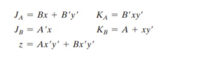 JA = Bx + B'y'
KA = B'xy'
JB = A'x
KB = A + xy'
z = Ax'y' + Bx'y'
