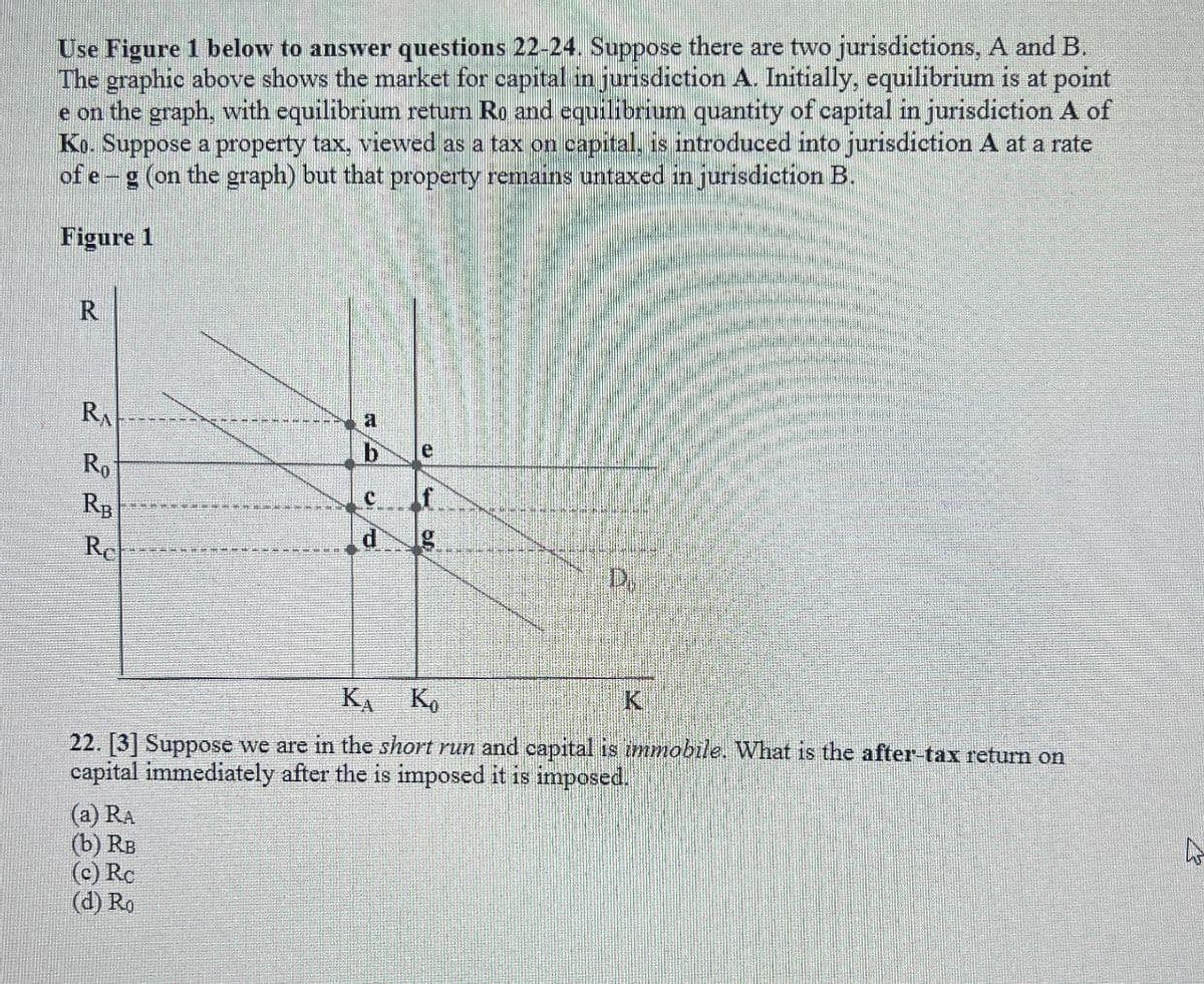 Use Figure 1 below to answer questions 22-24. Suppose there are two jurisdictions, A and B.
The graphic above shows the market for capital in jurisdiction A. Initially, equilibrium is at point
e on the graph, with equilibrium return Ro and equilibrium quantity of capital in jurisdiction A of
Ko. Suppose a property tax, viewed as a tax on capital, is introduced into jurisdiction A at a rate
of eg (on the graph) but that property remains untaxed in jurisdiction B.
Figure 1
R
RA
a
b
e
RR
Ro
с
RB
d
Re
De
KA
Ko
K
22. [3] Suppose we are in the short run and capital is immobile. What is the after-tax return on
capital immediately after the is imposed it is imposed.
(a) RA
(b) RB
(c) Rc
(d) Ro
A