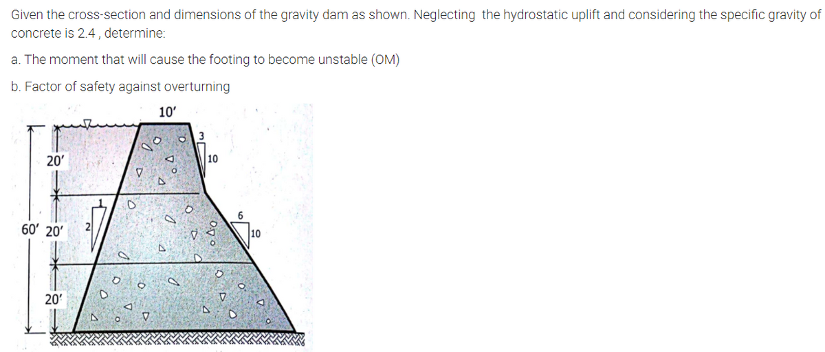 Given the cross-section and dimensions of the gravity dam as shown. Neglecting the hydrostatic uplift and considering the specific gravity of
concrete is 2.4 , determine:
a. The moment that will cause the footing to become unstable (OM)
b. Factor of safety against overturning
10'
20'
10
6
60' 20'
2
20'
