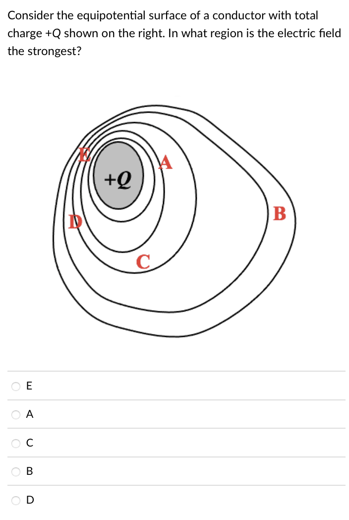 Consider the equipotential surface of a conductor with total
charge +Q shown on the right. In what region is the electric field
the strongest?
+Q
O E
O A
C
В
