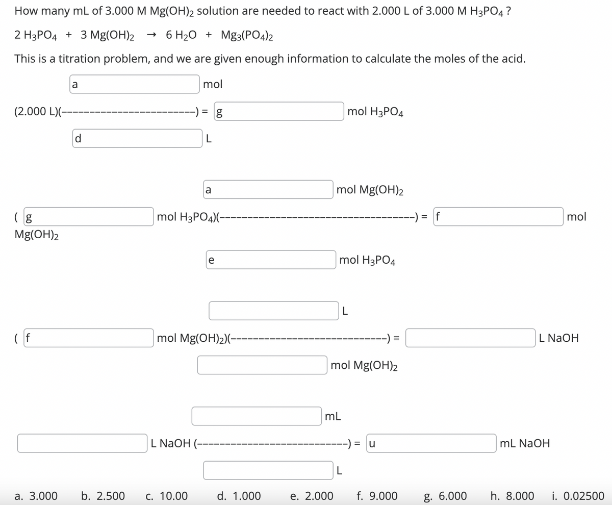 How many mL of 3.000 M Mg(OH)2 solution are needed to react with 2.000 L of 3.000 M H3PO4?
2 H3PO4 + 3 Mg(OH)2 → 6 H₂O + Mg3(PO4)2
This is a titration problem, and we are given enough information to calculate the moles of the acid.
mol
(2.000 L)(-
(g
Mg(OH)2
(f
a. 3.000
a
d
b. 2.500
=
L NaOH
L
c. 10.00
a
mol H3PO4)(-
g
e
mol Mg(OH)₂)(--
d. 1.000
mol Mg(OH)2
e. 2.000
mol H3PO4
mol H3PO4
mL
mol Mg(OH)2
L
=
= u
f. 9.000
-) = f
g. 6.000
mol
L NaOH
mL NaOH
h. 8.000 i. 0.02500