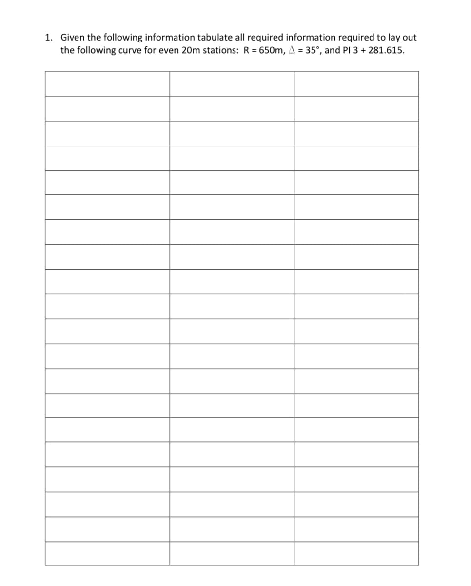 1. Given the following information tabulate all required information required to lay out
the following curve for even 20m stations: R = 650m, A = 35°, and PI 3 + 281.615.
