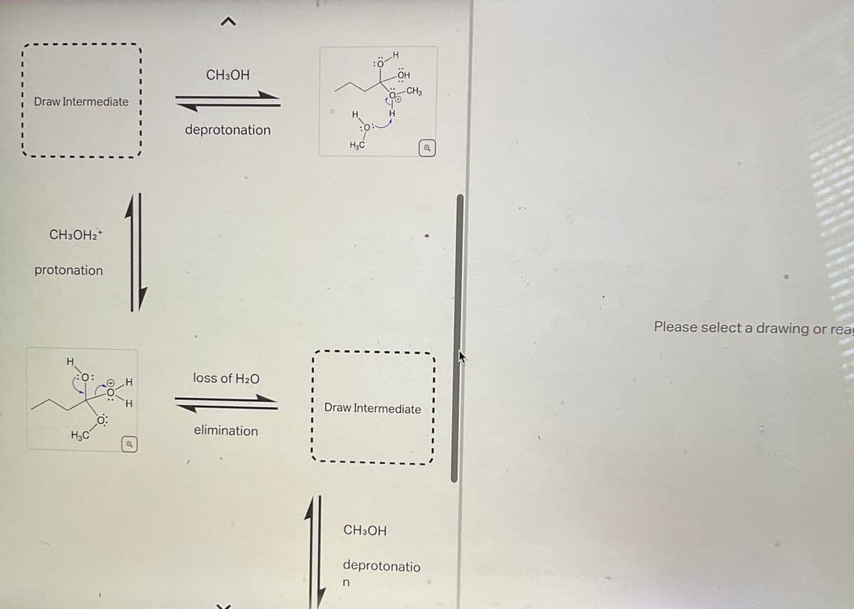 Draw Intermediate
CH3OH₂+
protonation
H
H3C
-0
H
Q
CH3OH
deprotonation
loss of H₂O
elimination
H3C
:0
ÖH
-CH3
Draw Intermediate
CH3OH
deprotonatio
Please select a drawing or reag