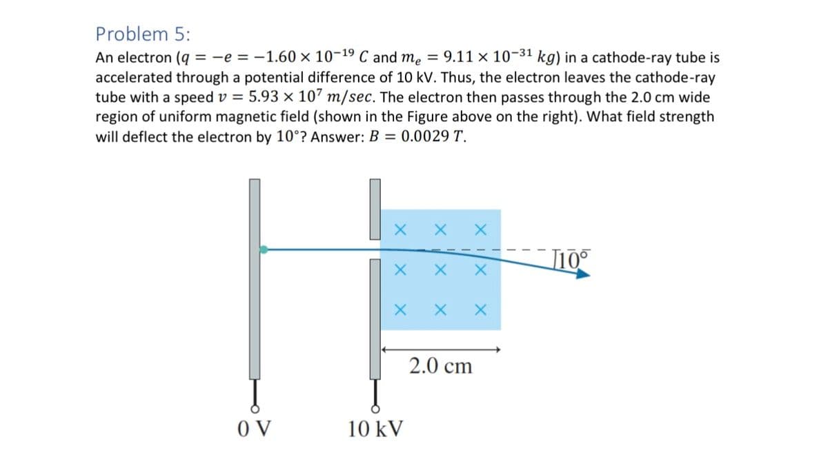 Problem 5:
An electron (q= -e = -1.60 × 10-19 C and me = 9.11 × 10-31 kg) in a cathode-ray tube is
accelerated through a potential difference of 10 kV. Thus, the electron leaves the cathode-ray
tube with a speed v = 5.93 × 107 m/sec. The electron then passes through the 2.0 cm wide
region of uniform magnetic field (shown in the Figure above on the right). What field strength
will deflect the electron by 10°? Answer: B = 0.0029 T.
OV
10 kV
2.0 cm
10°