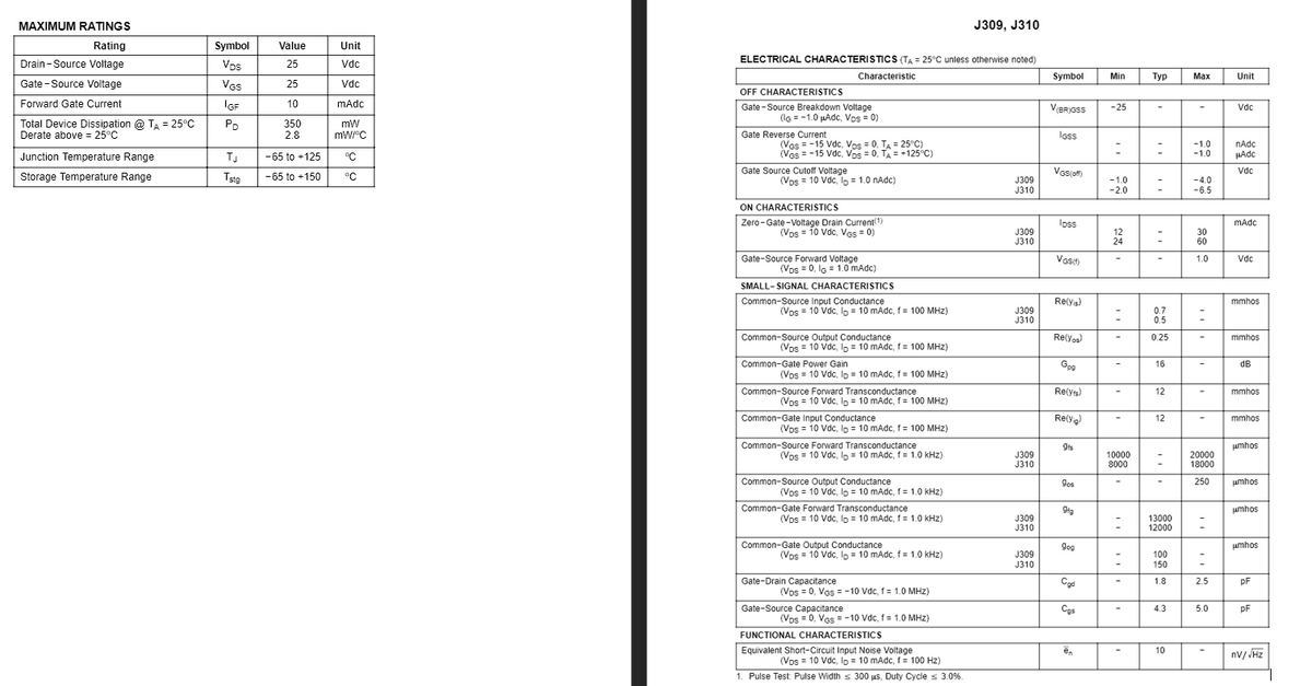 MAXIMUM RATINGS
J309, J310
Rating
Symbol
Value
Unit
ELECTRICAL CHARACTERIS TICS (TA = 25°C unless otherwise noted)
Drain -Source Voltage
Vps
25
Vdc
Characteristic
Symbol
Min
Тур
Маx
Unit
Gate -Source Voltage
Ves
25
Vdc
OFF CHARACTERISTICS
Forward Gate Current
IGF
10
mAdc
Gate -Source Breakdown Voltage
(lG = -1.0 µAdc, Vos = 0)
VBRYGSS
-25
Vdc
-
Total Device Dissipation @ TA = 25°C
Derate above = 25°C
350
2.8
mW
Gate Reverse Current
Isss
(Ves = -15 Vdc, Vos = 0, TA = 25°C)
(Vos = -15 Vdc, Vos = 0, TA = +125°C)
-1.0
-1.0
nAdc
HAdc
Junction Temperature Range
TJ
-65 to +125
°C
Storage Temperature Range
Tstg
Gate Source Cutoff Voltage
Vosiom
Vdc
-65 to +150
°C
(Vos = 10 Vdc, lo = 1.0 nAdc)
J309
J310
-1.0
-2.0
-4.0
-6.5
ON CHARACTERISTICS
Zero-Gate -Voltage Drain Current(1)
(Vos = 10 Vdc, Ves = 0)
Ioss
mAdc
J309
J310
12
24
30
60
Gate-Source Forward Voltage
(Vos = 0, le = 1.0 mAdc)
Vesin
1.0
Vdc
SMALL- SIGNAL CHARACTERISTICS
Common-Source Input Conductance
Re(ys)
mmhos
(Vos = 10 Vdc, lo = 10 mAdc, f= 100 MHz)
J309
J310
0.7
0.5
Common-Source Output Conductance
Re(yos)
0.25
mmhos
(Vos = 10 Vdc, lo = 10 mAdc, f= 100 MHz)
Common-Gate Power Gain
Gog
16
dB
-
(Vos = 10 Vdc, lo = 10 mAdc, f = 100 MHz)
Common-Source Forward Transconductance
Re(yts)
12
mmhos
(Vos = 10 Vdc, lo = 10 mAdc, f= 100 MHz
Common-Gate Input Conductance
Re(yig)
12
mmhos
(Vos = 10 Vdc, Io = 10 mAdc, 1 = 100 MHz)
Common-Source Forward Transconductance
9is
umhos
(Vos = 10 Vdc, lo = 10 mAdc, f = 1.0 kHz)
J309
J310
10000
8000
20000
18000
Common-Source Output Conductance
Gos
250
umhos
(Vos = 10 Vdc, Io = 10 mAdc, f= 1.0 kHz)
Common-Gate Forward Transconductance
umhos
(Vos = 10 Vdc, lp = 10 mAdc, f = 1.0 kHz)
J309
J310
13000
12000
Common-Gate Output Conductance
Gog
umhos
(Vos = 10 Vdc, lo = 10 mAdc, f = 1.0 kHz)
J309
J310
100
150
Gate-Drain Capacitance
Cad
1.8
2.5
pF
(Vos = 0, Vos = -10 Vdc, 1= 1.0 MHz)
Gate-Source Capacitance
Ces
4.3
5.0
pF
(Vos = 0, VGs = -10 Vdc, f= 1.0 MHz)
FUNCTIONAL CHARACTERISTICS
Equivalent Short-Circuit Input Noise Voltage
en
10
nV/ /Hz
-
(Vos = 10 Vdc, lo = 10 mAdc, f = 100 Hz)
1. Pulse Test: Pulse Width s 300 us, Duty Cycle s 3.0%.
