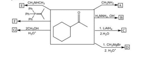 G
E
CHINH CH,
Ph
Ph-Pa
Ph
2CH₂OH
H₂O*
CHÍNH2
A
H₂NNH₂, OH B
1. LIAIH₂
2.H₂O
1. CH₂MgBr
2. H₂O*
D