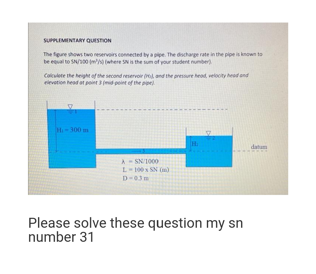 SUPPLEMENTARY QUESTION
The figure shows two reservoirs connected by a pipe. The discharge rate in the pipe is known to
be equal to SN/100 (m³/s) (where SN is the sum of your student number).
Calculate the height of the second reservoir (H2), and the pressure head, velocity head and
elevation head at point 3 (mid-point of the pipe).
Hi 300 m
H2
datum
A = SN/1000
L = 100 x SN (m)
D=0.3 m
Please solve these question my sn
number 31
