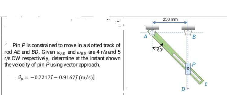 .Pin P is constrained to move in a slotted track of
rod AE and BD. Given WAE and WBD are 4 r/s and 5
r/s CW respectively, determine at the instant shown
the velocity of pin Pusing vector approach.
vp = -0.72177-0.9167j (m/s)]
A
250 mm
60⁰
D
B
P
E