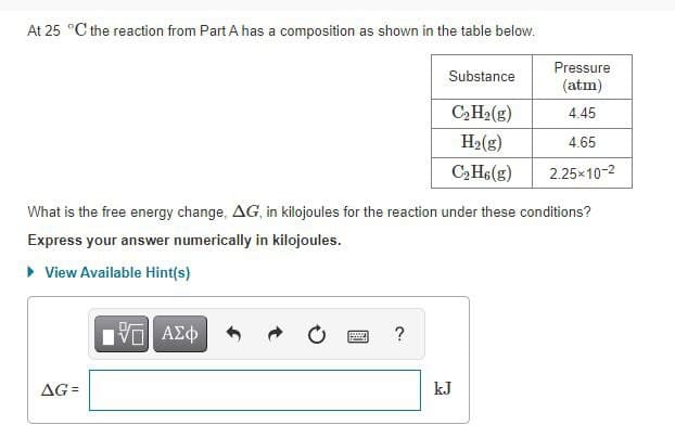 At 25 °C the reaction from Part A has a composition as shown in the table below.
Pressure
Substance
(atm)
C,H2(g)
4.45
H2(g)
4.65
C,Hs(g)
2.25x10-2
What is the free energy change, AG, in kilojoules for the reaction under these conditions?
Express your answer numerically in kilojoules.
> View Available Hint(s)
?
AG=
kJ

