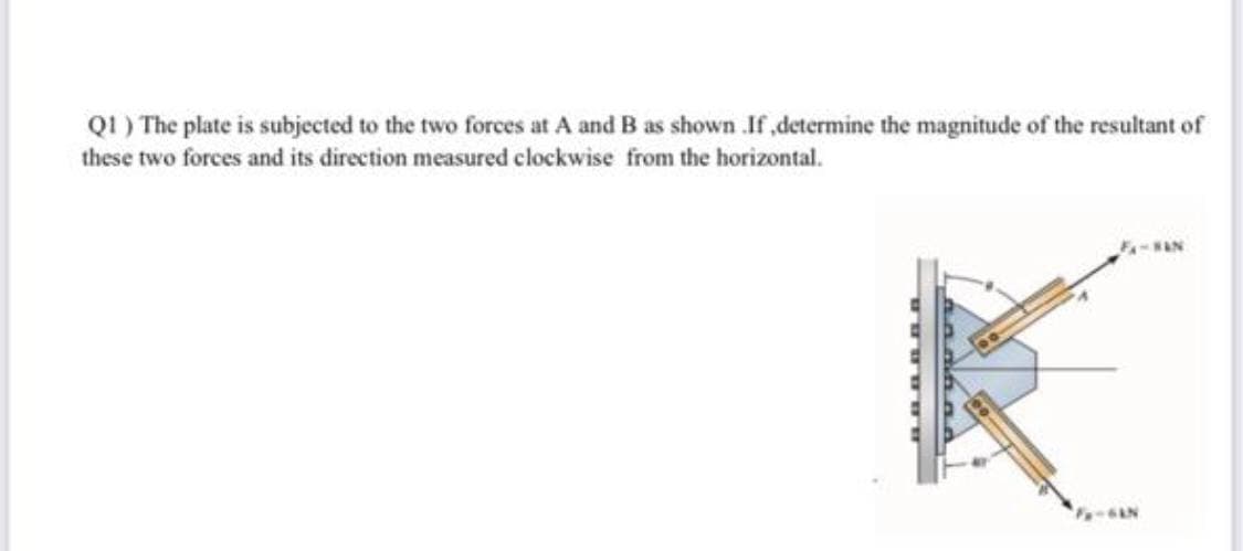 QI ) The plate is subjected to the two forces at A and B as shown If,determine the magnitude of the resultant of
these two forces and its direction measured clockwise from the horizontal.
WAN
