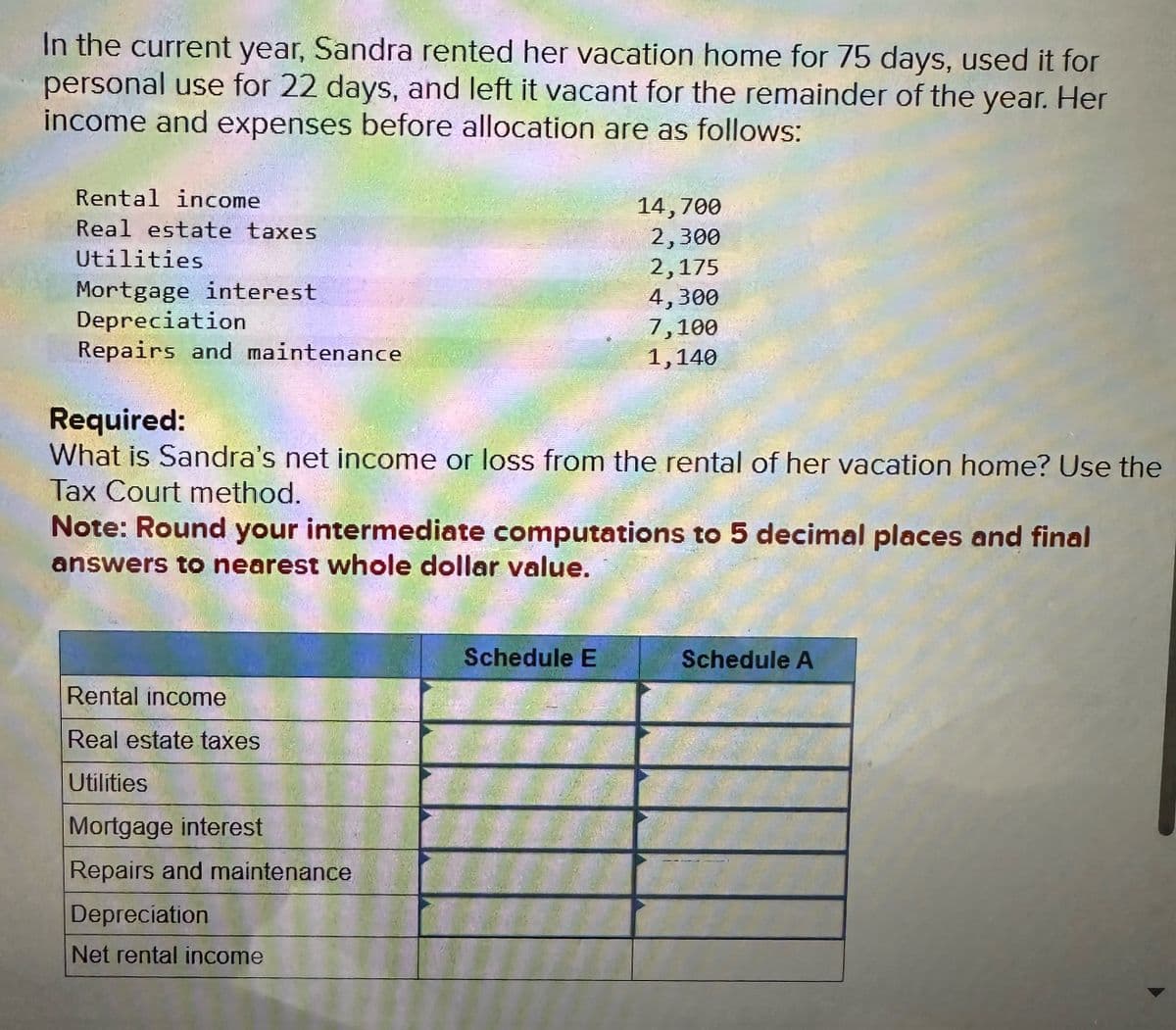 In the current year, Sandra rented her vacation home for 75 days, used it for
personal use for 22 days, and left it vacant for the remainder of the year. Her
income and expenses before allocation are as follows:
Rental income
Real estate taxes
Utilities
Mortgage interest
Depreciation
14,700
2,300
2,175
4,300
7,100
1,140
Repairs and maintenance
Required:
What is Sandra's net income or loss from the rental of her vacation home? Use the
Tax Court method.
Note: Round your intermediate computations to 5 decimal places and final
answers to nearest whole dollar value.
Rental income
Real estate taxes
Utilities
Mortgage interest
Repairs and maintenance
Depreciation
Net rental income
Schedule E
Schedule A