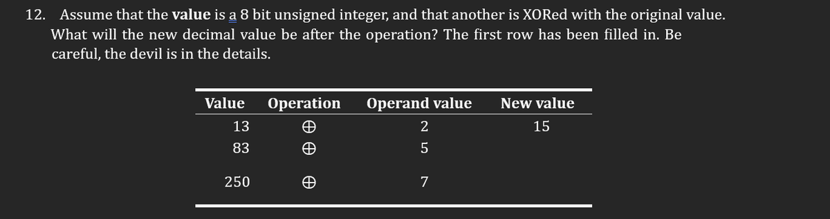 12. Assume that the value is a 8 bit unsigned integer, and that another is XORed with the original value.
What will the new decimal value be after the operation? The first row has been filled in. Be
careful, the devil is in the details.
Value
13
83
250
Operation
e
Operand value
2
5
7
New value
15