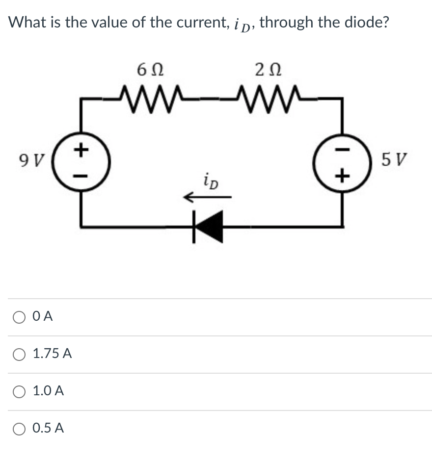 What is the value of the current, i p, through the diode?
6Ω
2Ω
w ww
9 V
5 V
ip
+
O OA
О 1.75 А
О 1.0 А
0.5 A
