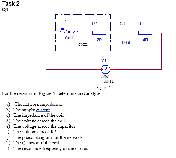 Task 2
Q1.
L1
R1
C1
R2
my
47mH
2R
4R
100UF
COIL
V1
50V
100HZ
Figure 4
For the network in Figure 4, determine and analyse:
a) The network impedance.
b) The supply current.
c) The impedance of the coil.
d) The voltage across the coil.
e) The voltage across the capacitor.
f) The voltage across R2.
g) The phasor diagram for the network.
h) The Q-factor of the coil.
i) The resonance frequency of the circuit.

