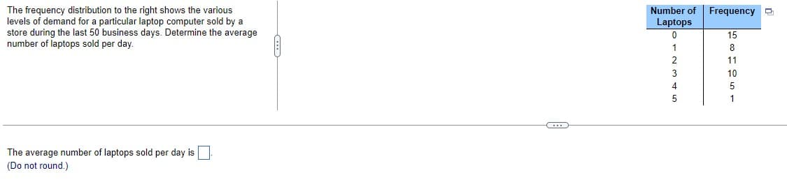 The frequency distribution to the right shows the various
levels of demand for a particular laptop computer sold by a
store during the last 50 business days. Determine the average
number of laptops sold per day.
The average number of laptops sold per day is
(Do not round.)
C...
Number of Frequency
Laptops
0
1
2
3
4
5
15
8
11
10
5
1