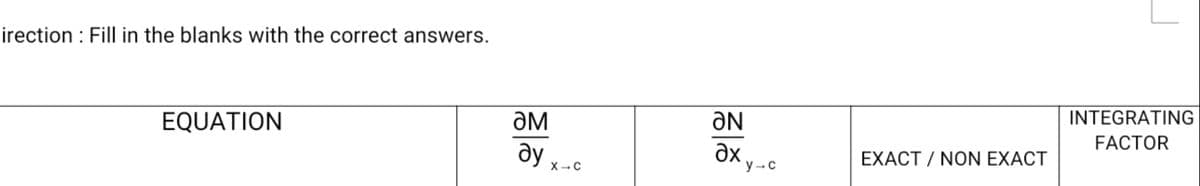 irection : Fill in the blanks with the correct answers.
INTEGRATING
ƏM
ƏN
EQUATION
FACTOR
aX y-c
EXACT / NON EXACT
X-C
