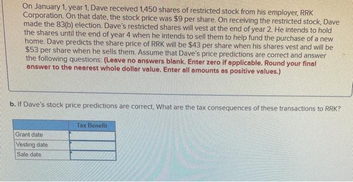 On January 1, year 1, Dave received 1,450 shares of restricted stock from his employer, RRK
Corporation. On that date, the stock price was $9 per share. On receiving the restricted stock, Dave
made the 83(b) election. Dave's restricted shares will vest at the end of year 2. He intends to hold
the shares until the end of year 4 when he intends to sell them to help fund the purchase of a new
home. Dave predicts the share price of RRK will be $43 per share when his shares vest and will be
$53 per share when he sells them. Assume that Dave's price predictions are correct and answer
the following questions: (Leave no answers blank. Enter zero if applicable. Round your final
answer to the nearest whole dollar value. Enter all amounts as positive values.)
b. If Dave's stock price predictions are correct, What are the tax consequences of these transactions to RRK?
Grant date
Vesting date
Tax Benefit
Sale date