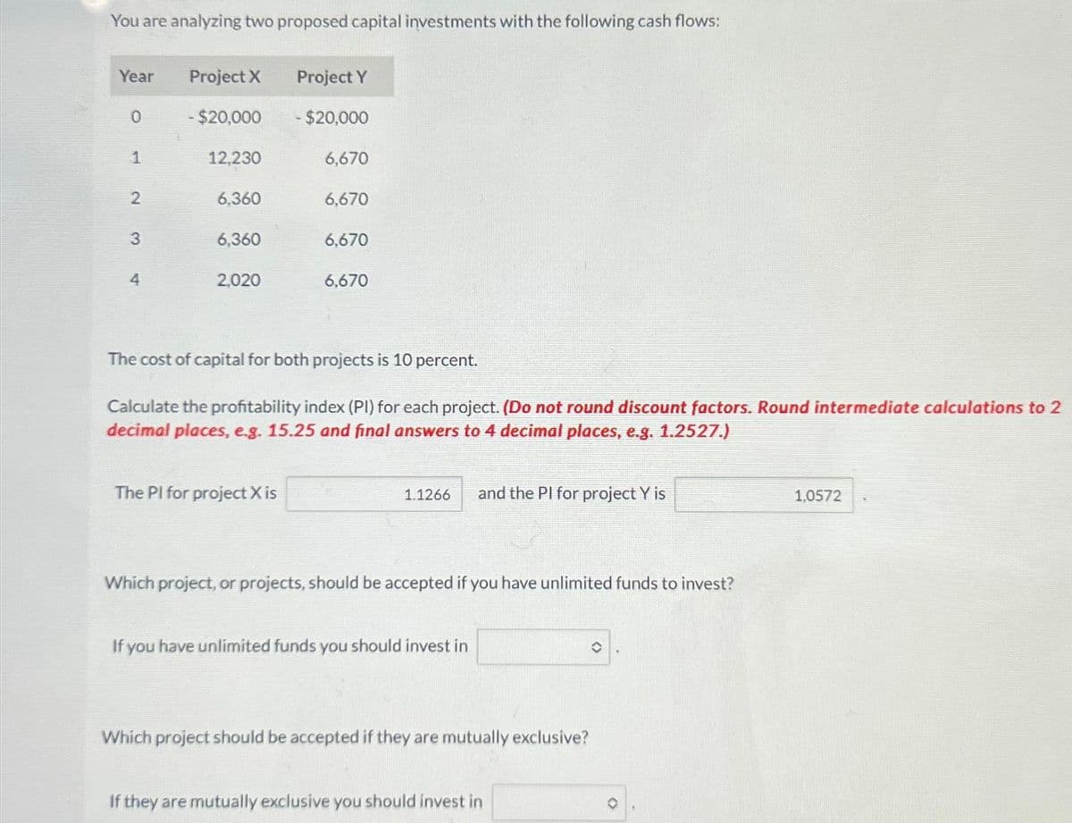 You are analyzing two proposed capital investments with the following cash flows:
Year
0
1
2
3
4
Project X
- $20,000
12,230
6,360
6,360
2,020
Project Y
- $20,000
The Pl for project X is
6,670
6,670
6,670
6,670
The cost of capital for both projects is 10 percent.
Calculate the profitability index (PI) for each project. (Do not round discount factors. Round intermediate calculations to 2
decimal places, e.g. 15.25 and final answers to 4 decimal places, e.g. 1.2527.)
1.1266 and the PI for project Y is
Which project, or projects, should be accepted if you have unlimited funds to invest?
If you have unlimited funds you should invest in
Which project should be accepted if they are mutually exclusive?
If they are mutually exclusive you should invest in
1,0572