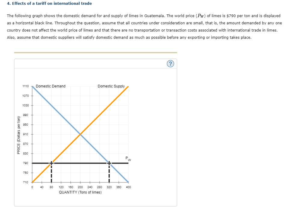 4. Effects of a tariff on international trade
The following graph shows the domestic demand for and supply of limes in Guatemala. The world price (Pw) of limes is $790 per ton and is displayed
as a horizontal black line. Throughout the question, assume that all countries under consideration are small, that is, the amount demanded by any one
country does not affect the world price of limes and that there are no transportation or transaction costs associated with international trade in limes.
Also, assume that domestic suppliers will satisfy domestic demand as much as possible before any exporting or importing takes place.
PRICE (Dollars per ton)
1110
1070
1030
990
950
910
870
830
790
750
710
0
Domestic Demand
40
25
1
1
80
Domestic Supply
120 160 200 240 280
QUANTITY (Tons of limes)
I
1
Pw
320 380 400
(?)