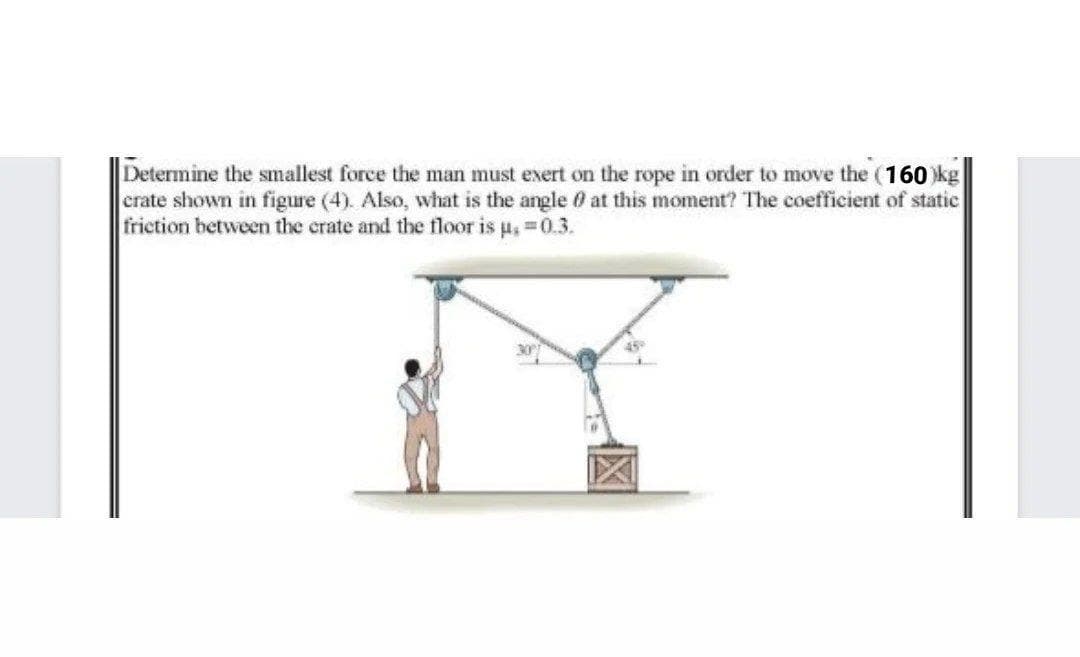 Determine the smallest force the man must exert on the rope in order to move the (160 kg
crate shown in figure (4). Also, what is the angle 0 at this moment? The coefficient of static
friction between the crate and the floor is H, =0.3.
45
