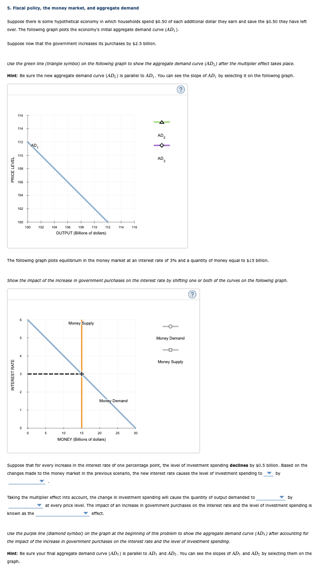 5. Fiscal policy, the money market, and aggregate demand
Suppose there is some hypothetical economy in which households spend $0.50 of each additional dollar they earn and save the $0.50 they have left
over. The following graph plots the economy's initial aggregate demand curve (AD₂).
Suppose now that the government increases its purchases by $2.5 billion.
Use the green line (triangle symbol) on the following graph to show the aggregate demand curve (AD₂) after the multiplier effect takes place.
Hint: Be sure the new aggregate demand curve (AD₂) is parallel to AD₁. You can see the slope of AD, by selecting it on the following graph.
?
116
114
112
110
108
106
104
102
100
5
AD₁
100
0
0
102
104 106 108
110
OUTPUT (Billions of dollars)
112
5
known as the
The following graph plots equilibrium in the money market at an interest rate of 3% and a quantity of money equal to $15 billion.
Money Supply
114
Show the impact of the Increase in government purchases on the Interest rate by shifting one or both of the curves on the following graph.
Money Demand
10
15
20
MONEY (Billions of dollars)
116
25
A
AD₂
30
d
AD₂
Money Demand
Money Supply
Suppose that for every Increase in the Interest rate of one percentage point, the level of investment spending declines by $0.5 billion. Based on the
changes made to the money market in the previous scenario, the new Interest rate causes the level of investment spending to by
Taking the multiplier effect into account, the change in Investment spending will cause the quantity of output demanded to
by
at every price level. The impact of an increase in government purchases on the interest rate and the level of investment spending is
effect.
Use the purple line (diamond symbol) on the graph at the beginning of this problem to show the aggregate demand curve (AD3) after accounting for
the impact of the increase in government purchases on the Interest rate and the level of Investment spending.
Hint: Be sure your final aggregate demand curve (AD3) is parallel to AD₁ and AD₂. You can see the slopes of AD, and AD₂ by selecting them on the
graph.