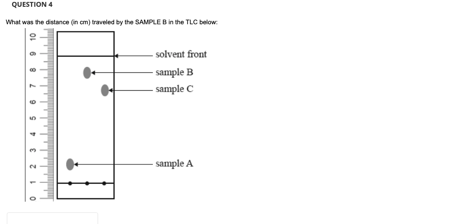QUESTION 4
What was the distance (in cm) traveled by the SAMPLE B in the TLC below:
1
6
8
6
5
TTT
solvent front
sample B
sample C
sample A