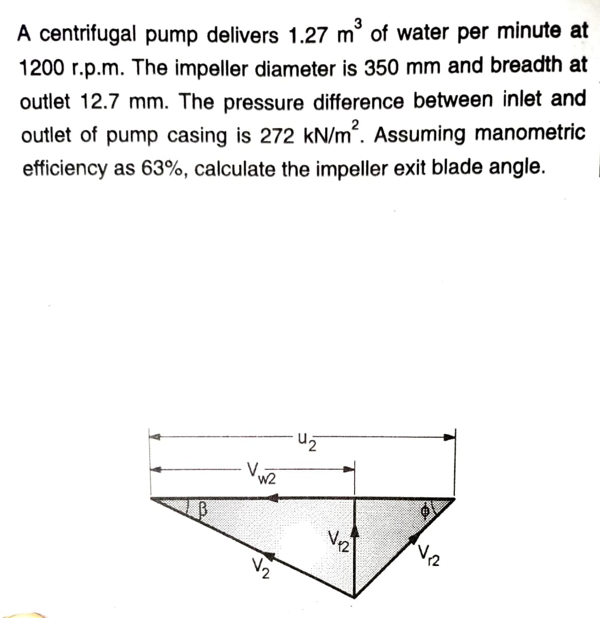 A centrifugal pump delivers 1.27 m° of water per minute at
1200 r.p.m. The impeller diameter is 350 mm and breadth at
outlet 12.7 mm. The pressure difference between inlet and
outlet of pump casing is 272 kN/m. Assuming manometric
efficiency as 63%, calculate the impeller exit blade angle.
