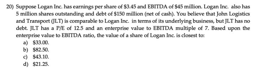 20) Suppose Logan Inc. has earnings per share of $3.45 and EBITDA of $45 million. Logan Inc. also has
5 million shares outstanding and debt of $150 million (net of cash). You believe that John Logistics
and Transport (JLT) is comparable to Logan Inc. in terms of its underlying business, but JLT has no
debt. JLT has a P/E of 12.5 and an enterprise value to EBITDA multiple of 7. Based upon the
enterprise value to EBITDA ratio, the value of a share of Logan Inc. is closest to:
a) $33.00.
b) $82.50.
c) $43.10.
d) $21.25.