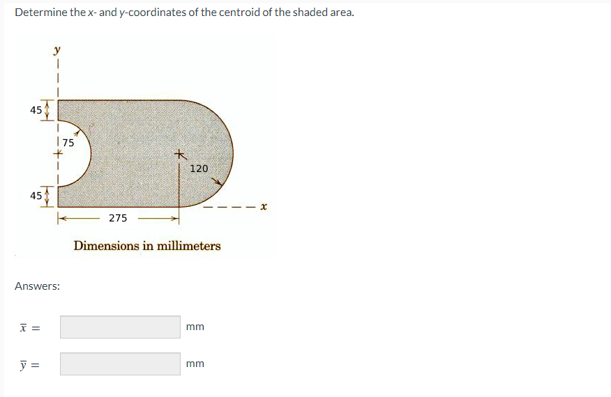 Determine the x- and y-coordinates of the centroid of the shaded area.
45
45
x =
y
Answers:
y =
175
275
*
120
Dimensions in millimeters
mm
mm
x