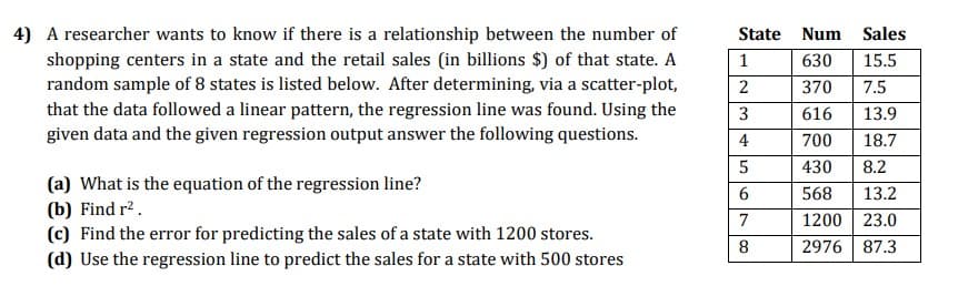 4) A researcher wants to know if there is a relationship between the number of
shopping centers in a state and the retail sales (in billions $) of that state. A
random sample of 8 states is listed below. After determining, via a scatter-plot,
that the data followed a linear pattern, the regression line was found. Using the
given data and the given regression output answer the following questions.
State
Num
Sales
630
15.5
2
370
7.5
3
616
13.9
4
700
18.7
430
8.2
(a) What is the equation of the regression line?
(b) Find r?.
(c) Find the error for predicting the sales of a state with 1200 stores.
(d) Use the regression line to predict the sales for a state with 500 stores
6.
568
13.2
1200 23.0
2976 87.3
7
8.
