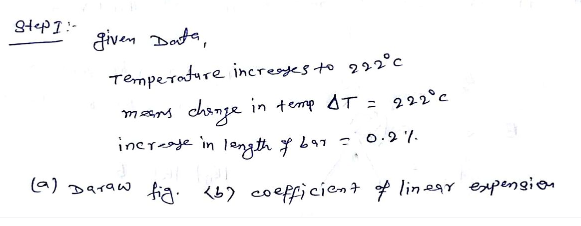 StepI:-
given Data,
Temperature incresges to 292°c
change
in temp AT= 222°c
ニ
inereage in lenath f b97 =
0.2 %.
a) Daraw fia. <62 coefficient f linegr expensiou
