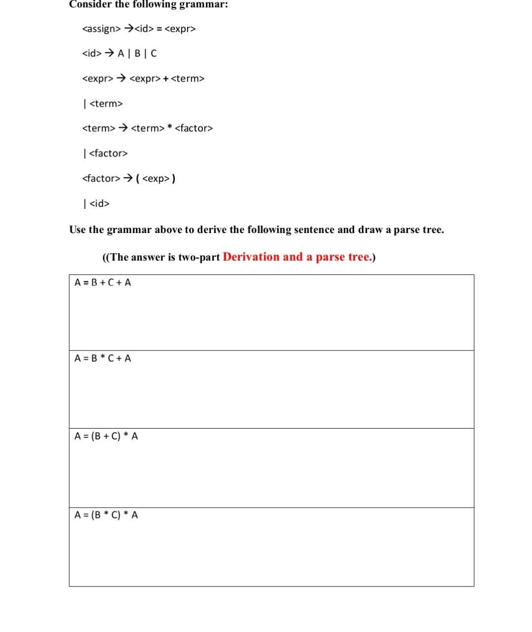 Consider the following grammar:
<assign> <id>=<expr>
<id> A|B|C
<expr> <expr> + <term>
|<term>
<term> <term> * <factor>
|<factor>
<factor> (<exp>)
|<id>
Use the grammar above to derive the following sentence and draw a parse tree.
((The answer is two-part Derivation and a parse tree.)
A = B + C + A
A B C +A
A = (B+C) *A
A = (BC) A