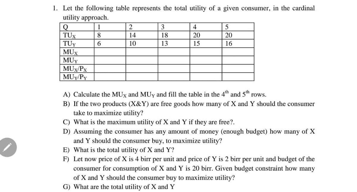 1. Let the following table represents the total utility of a given consumer, in the cardinal
utility approach.
Q
TUX
TUY
MUX
MUY
1
4
5
8
14
18
20
20
6.
10
13
15
16
MUx/Px
MUy/PY
A) Calculate the MUx and MUy and fill the table in the 4th
and 5th
rows.
B) If the two products (X&Y) are free goods how many of X and Y should the consumer
take to maximize utility?
C) What is the maximum utility of X and Y if they are free?.
D) Assuming the consumer has any amount of money (enough budget) how many of X
and Y should the consumer buy, to maximize utility?
E) What is the total utility of X and Y?
F) Let now price of X is 4 birr per unit and price of Y is 2 birr per unit and budget of the
consumer for consumption of X and Y is 20 birr. Given budget constraint how many
of X and Y should the consumer buy to maximize utility?
G) What are the total utility of X and Y
