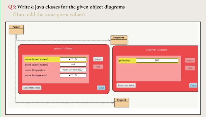 Q3: Write a java classes for the given object diagrams
(Hint: add the same given values)
Person
Employee
person1: Person
student1 : Student
private Student studenti
Inspect
private int x
1443
Inspect
private Student student2
nul
Get
Get
private String address
"Jazan university20221"
private Employee emp1
Show static fields
Close
Show static fields
Close
Student
