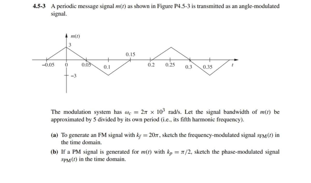 4.5-3 A periodic message signal m(t) as shown in Figure P4.5-3 is transmitted as an angle-modulated
signal.
m(t)
3
-0.05
0
0.05
0.1
-3
0.15
+
0.2
0.25
0.3
0.35
The modulation system has wc = 2π × 103 rad/s. Let the signal bandwidth of m(t) be
approximated by 5 divided by its own period (i.e., its fifth harmonic frequency).
(a) To generate an FM signal with kf = 20л, sketch the frequency-modulated signal SFM(t) in
the time domain.
(b) If a PM signal is generated for m(t) with kp =л/2, sketch the phase-modulated signal
SPM (t) in the time domain.