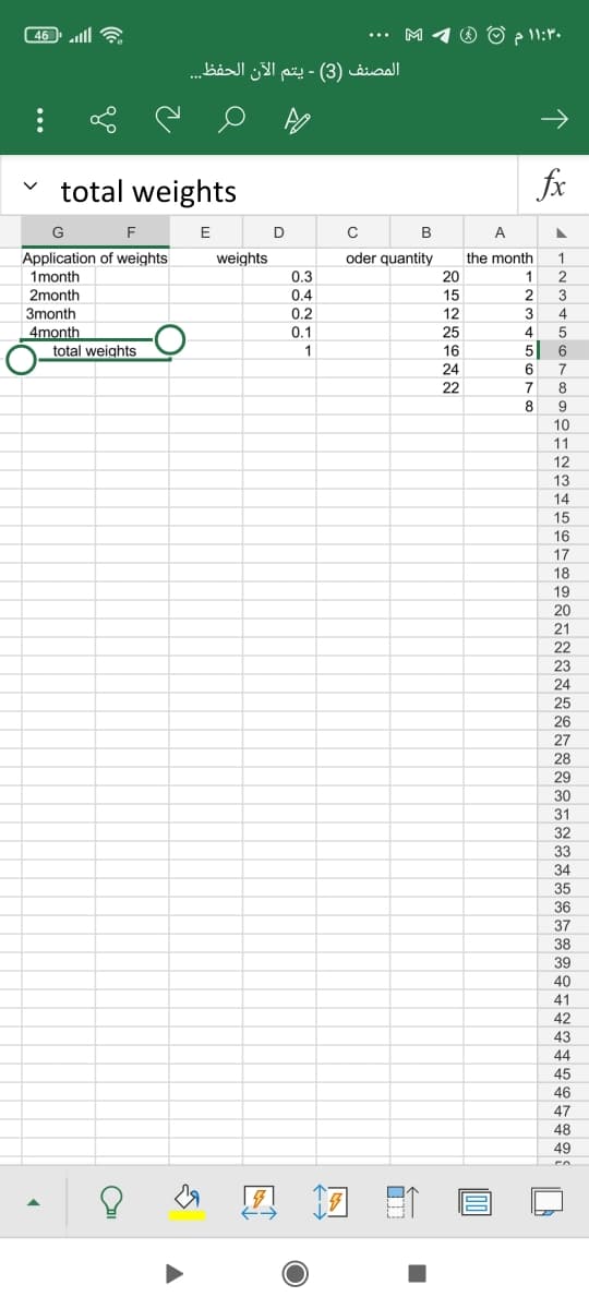 46 ll
M
O p 11:P.
...
المصنف )3( - يتم الآن الحفظ.. .
total weights
fx
G
F
E
D
B
A
Application of weights
1month
weights
oder quantity
the month
1
0.3
20
2
2month
0.4
15
2
3month
0.2
12
3
4.
0.1
4month
total weights
25
4
1
16
5
6.
24
6
7
22
7
8
8
9
10
11
12
13
14
15
16
17
18
19
20
21
22
23
24
25
26
27
28
29
30
31
32
33
34
35
36
37
38
39
40
41
42
43
44
45
46
47
48
49
