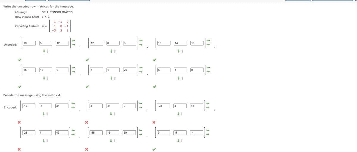 Write the uncoded row matrices for the message.
Message:
SELL CONSOLIDATED
Row Matrix Size: 1 x 3
Encoding Matrix: A =
Uncoded:
Encoded:
X
19
X
15
-12
5
-28
12
-7
[
4
↓ 1
Encode the message using the matrix A.
1
1
-3
-1 0
0-1
3 1
12
9
31
43
←
X
X
12
4
3
-55
0
1
-9
↓ 1
16
3
20
9
59
E.
←
→ .
X
15
5
-28
9
14
4
4
-5
↓ ↑
↓ ↑
11
19
0
43
-4
=.
=