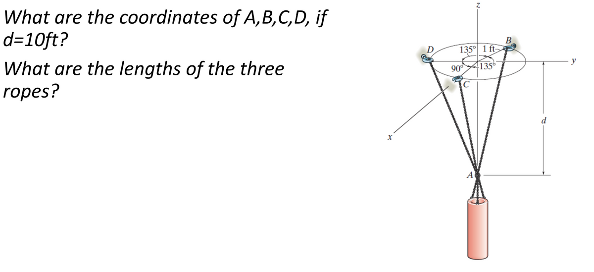What are the coordinates of A, B, C, D, if
d=10ft?
What are the lengths of the three
ropes?
X
D
135° 1 ft-
135⁰
90°
Z
A
B
d
y