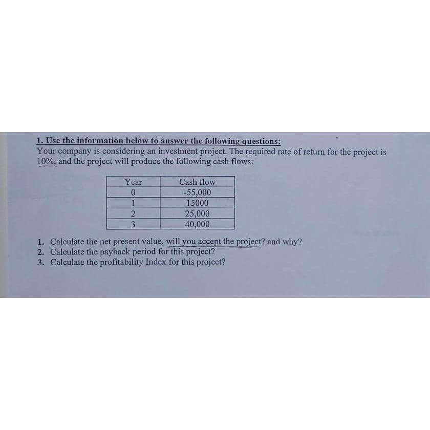 1. Use the information below to answer the following questions:
Your company is considering an investment project. The required rate of return for the project is
10%, and the project will produce the following cash flows:
Year
0
1
2
3
Cash flow
-55,000
15000
25,000
40,000
1. Calculate the net present value, will you accept the project? and why?
2. Calculate the payback period for this project?
3. Calculate the profitability Index for this project?