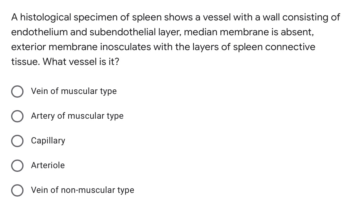 A histological specimen of spleen shows a vessel with a wall consisting of
endothelium and subendothelial layer, median membrane is absent,
exterior membrane inosculates with the layers of spleen connective
tissue. What vessel is it?
O Vein of muscular type
O Artery of muscular type
O Capillary
O Arteriole
O Vein of non-muscular type
